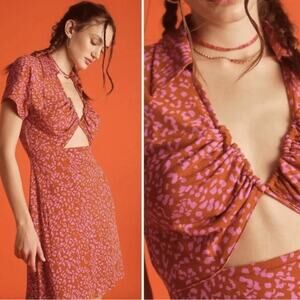 Free People NWT Marsaille leopard print tie mini dress rust pink combo Med